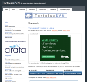TortoiseSVN公式サイトの「Downloads」ページを開く操作の画面キャプチャ