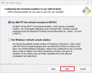 Gitインストーラー実行中の画面キャプチャ(Git Bashを起動する際の使用コマンドツール選択画面)