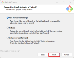 Gitインストーラー実行中の画面キャプチャ(git pull実行時のローカルブランチへのリモート変更取り込み方法の選択画面)