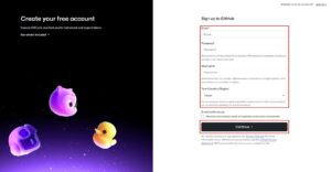 サインアップ画面が表示されるため、必須項目を入力し、「Continue」ボタンを押す操作の画面キャプチャ
