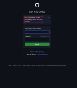 「Sign in to GitHub」画面が表示されるため、「Your account was created successfully」というメッセージが表示されていることを確認する操作の画面キャプチャ