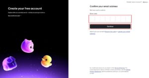 「Confirm your email address」画面が表示されるため、送られてきたコードを入力し、「Continue」ボタンを押す操作の画面キャプチャ