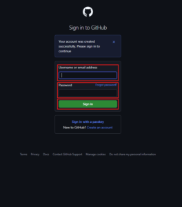 引き続き「Sign in to GitHub」画面でログイン情報を入力し、「Sign in」ボタンを押す操作の画面キャプチャ