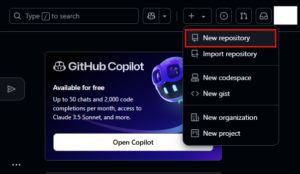ログイン済みであれば、GitHubダッシュボードが表示されるため、右上の「+」ボタンから「New repository」を押すか、左サイドバーの「Create repository」または「New」ボタンを押す操作(New repository)の画面キャプチャ