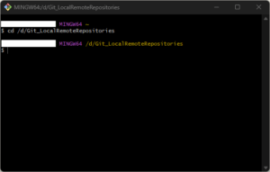 Git Bash上で「cd」コマンドを実行し、リモートリポジトリを作成する場所に移動する操作の画面キャプチャ