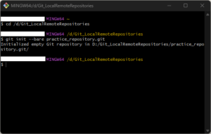 Git Bash上で「git init --bare」コマンドを実行し、リモートリポジトリを作成する操作の画面キャプチャ