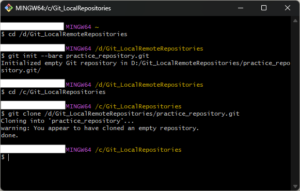 Git Bash上で「git clone」コマンドを実行し、ローカルリポジトリを作成する操作の画面キャプチャ