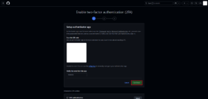 Enable two-factor authentication (2FA)画面の「」テキストボックスに認証コードを入力し、「Continue」ボタンを押す操作の画面キャプチャ