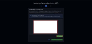 「Download your recovery codes(復元コード)」が表示されるため、「Download」ボタンを押し、復元コードを任意の場所に保存する操作の画面キャプチャ