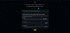 Two-factor authentication (2FA) is now enabled for your GitHub accountページが表示されるため、「Done(完了)」ボタンを押す操作の画面キャプチャ