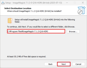 ダウンロードしたImageMagickのインストーラーファイルを実行(ダブルクリックなど)し、画面の指示に従ってインストールを進める(インストーラー画面:Select Destination Location)操作の画面キャプチャ