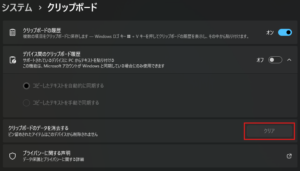 「クリップボードのデータを消去する」セクションの「クリア」ボタンを押した後の操作の画面キャプチャ