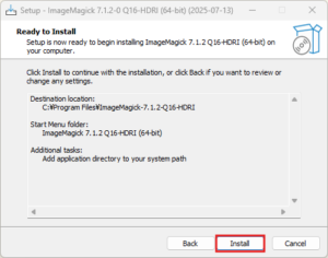 ダウンロードしたImageMagickのインストーラーファイルを実行(ダブルクリックなど)し、画面の指示に従ってインストールを進める(インストーラー画面:Ready to Install)操作の画面キャプチャ
