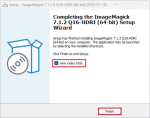ダウンロードしたImageMagickのインストーラーファイルを実行(ダブルクリックなど)し、画面の指示に従ってインストールを進める(インストーラー画面:完了画面)操作の画面キャプチャ