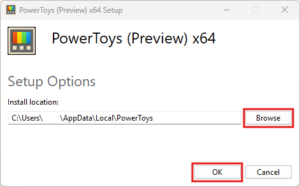 Microsoft PowerToysインストーラー実行中の画面キャプチャ（インストール先フォルダ変更画面）