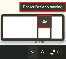 Windowsのタスクトレイを確認し、Docker Desktopが起動していることを確認する操作の画面キャプチャ