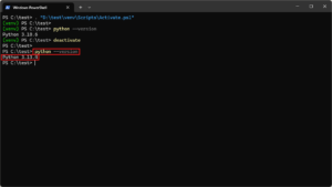 有効化した「D:\test」フォルダに作成した「venv」仮想環境（Python 3.10）を無効化する（スクリプト実行後、Pythonのバージョン確認）操作の画面キャプチャ