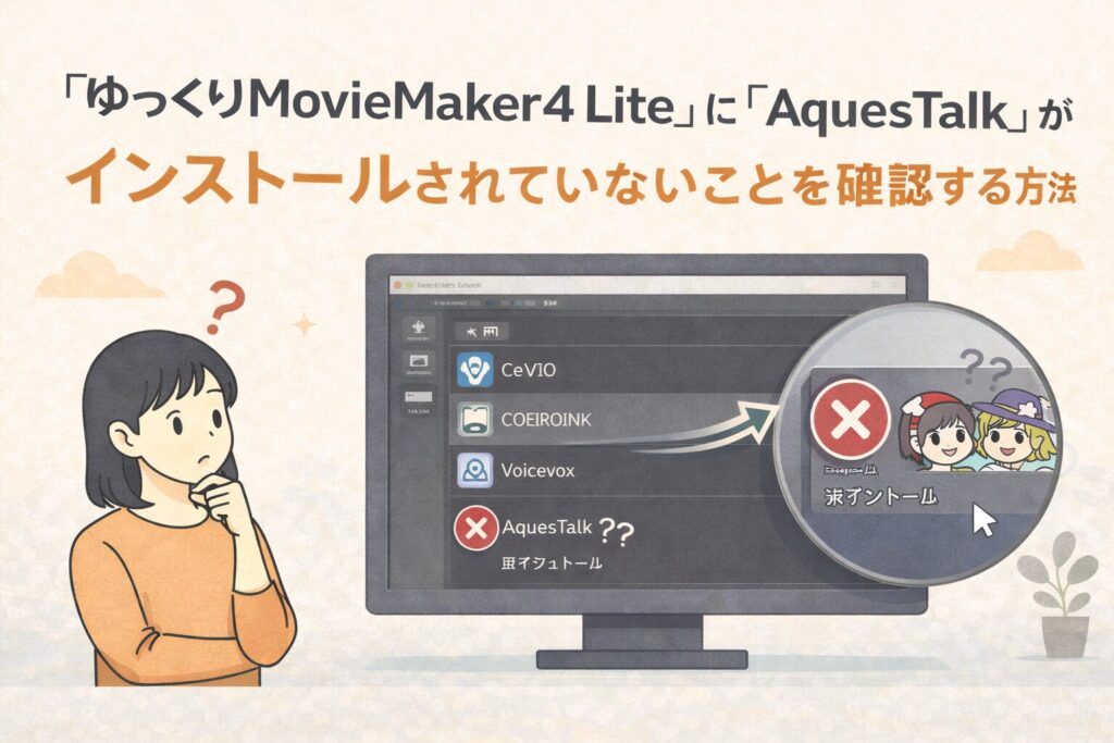 （任意）「ゆっくりMovieMaker4 Lite」に「AquesTalk」がインストールされていないことを確認する方法のアイキャッチ画像