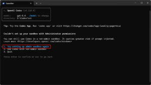 「管理者権限でサンドボックスを設定できませんでした」のメッセージが表示された画面の画面キャプチャ