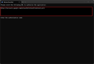 Googleでログインするための画面URLが表示されるため、URLをコピー＆ペーストし、ブラウザのアドレスバーに入力後、「Enter」キーを押す操作の画面キャプチャ1