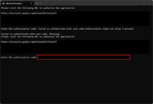 ターミナルに戻り、「Enter the authorization code:」に検証コードを貼り付け、「Enter」キーを押す操作の画面キャプチャ