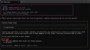 作業フォルダ内のファイルを信頼するか確認するメッセージが表示されるため、「1. Yes（はい）」を選択し、「Enter」キーを押す操作の画面キャプチャ（コマンド例）
