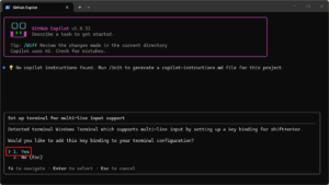 「Shift＋Enter」キーで複数行入力できるように設定するか確認するメッセージが表示されるため、「Yes（はい）」を選択し、「Enter」キーを押す操作の画面キャプチャ（コマンド例）
