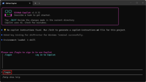 「/login」コマンドを使用してログインするように促されるため、「/login」を入力し、「Enter」キーを押する操作の画面キャプチャ（コマンド例）