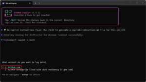 どのアカウントにログインするか確認するメッセージが表示されるため、「1. GitHub.com」を選択し、「Enter」キーを押す（コマンド例）