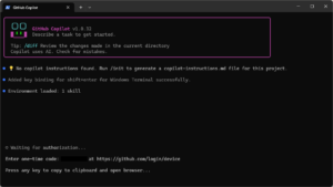 どのアカウントにログインするか確認するメッセージが表示されるため、「1. GitHub.com」を選択し、「Enter」キーを押す（実行結果例）