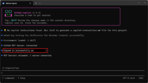 ターミナルのGitHub Copilot CLI画面上に「Signed in successfully as ユーザー名!」と表示される操作の画面キャプチャ