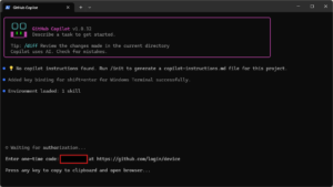 認証コード入力画面が表示されるため、ターミナルに表示されている認証コード（青色）を入力後、「Continue（続ける）」ボタンを押す操作の画面キャプチャ1