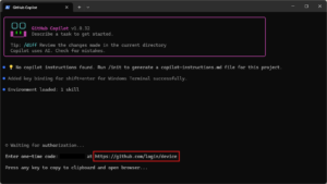 Githubでログインするための認証画面URLが表示されるため、URLをコピー＆ペーストし、ブラウザのアドレスバーに入力後、「Enter」キーを押す操作の画面キャプチャ1