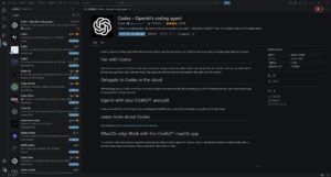 「Codex - OpenAI's coding agent」の画面が表示され、すぐにインストールが完了し、右上辺り「Codexのアイコン」ボタンが表示されるため、そのままボタンを押す操作の画面キャプチャ