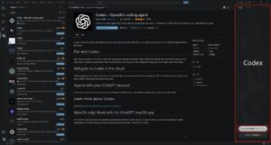 右側にCodexのサイドバーが表示されるため、「ChatGPT を使用してサインイン」ボタンを押す操作の画面キャプチャ