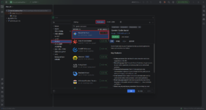 「設定」ダイアログが表示されるため、左サイドメニューの「プラグイン」を選択後、プラグイン画面の上部にある「Marketplace」タブを押し、検索テキストボックスに「gemini code assist」を入力すると、「Gemini Code Assist」プラグインが検索結果に表示されるため、その「インストール」ボタンを押す操作の画面キャプチャ
