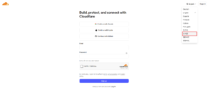 Cloudflareアカウント作成画面が表示されるため、右上の言語プルダウンを「日本語」に変更すると画面表示が日本化する操作の画面キャプチャ（日本語化前）