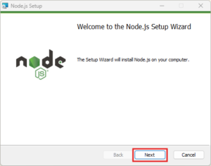 「Node.js Setup」ダイアログが表示されるため、「Next」ボタンを押す操作の画面キャプチャ