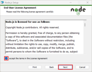 「End-User License Agreement(エンドユーザー使用許諾契約書)」画面が表示されるため、ライセンス内容を確認し、「accept the terms in the License Agreemtn(利用規約に同意する)」チェックボックスにチェックを入れ、「Next」ボタンを押す操作の画面キャプチャ