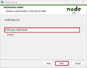 「Destination Folder(保存先フォルダ)」画面が表示されるため、任意の保存先を設定後、「Next」ボタンを押す操作の画面キャプチャ