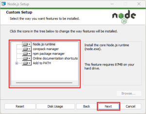「Custom Setup(カスタム設定)」画面が表示されるため、インストール対象を確認後、「Next」ボタンを押す操作の画面キャプチャ