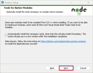 「Tools for Native Modules(ネイティブモジュール用ツール)」画面が表示されるため、「Next」ボタンを押す操作の画面キャプチャ