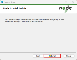 「Ready to install Node.js(Node.jsインストール準備完了)」画面が表示されるため、「Install」ボタンを押す操作の画面キャプチャ