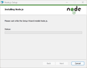 「Installing Node.js(Node.jsインストール中)」画面が表示されるため、インストール完了を待つ操作の画面キャプチャ