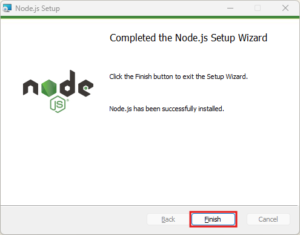 「Completed the Node.js Setup Wizard(Node.js セットアップウィザード完了)」画面が表示されるため、「Finish」ボタンを押す操作の画面キャプチャ